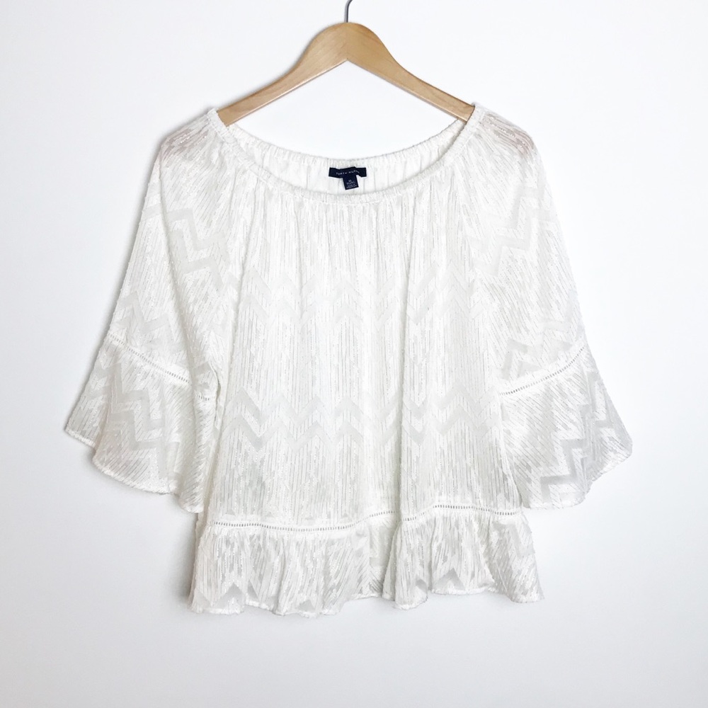 TOMMY HILFIGER White Off Shoulder Flowy Blouse